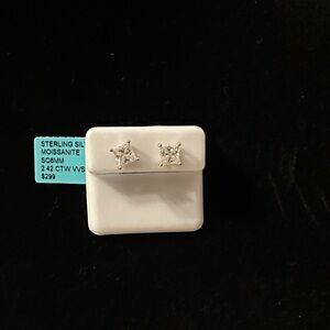 Sterling Silver Moissanite Square Stud Screwback Earrings. 2.4ctw 6mm.